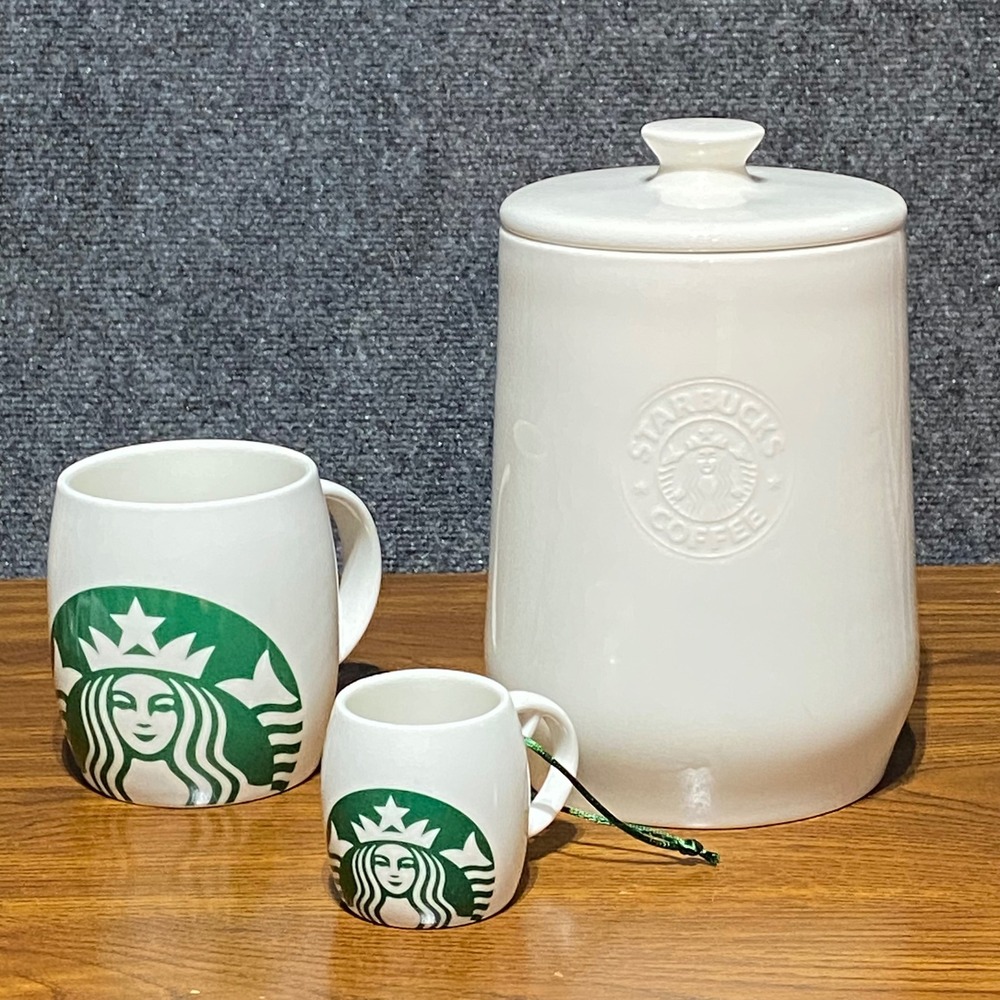 Starbucks White Ceramic Coffee Canister 14oz Mug and 3oz Mini Mug Ornament Set